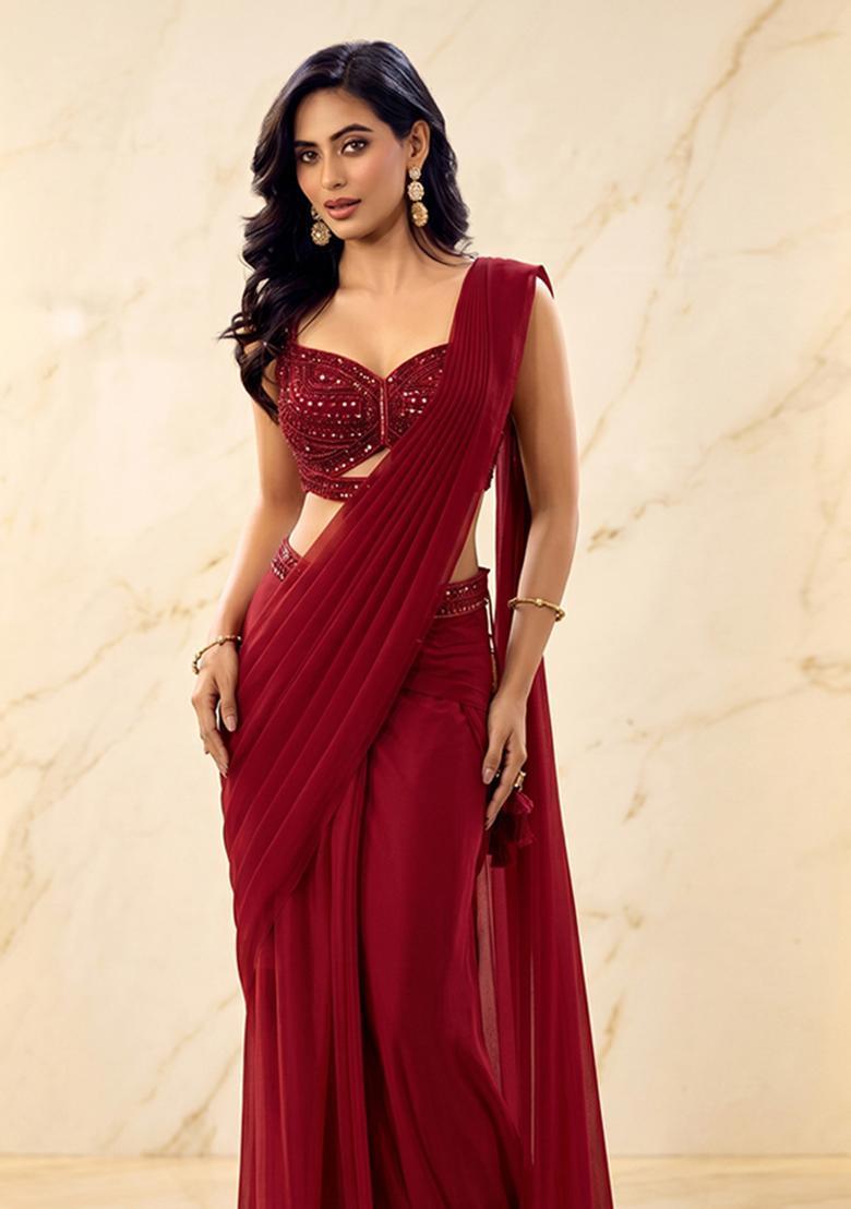 Maroon Embroidered Handwork Pre Draped Saree Set - Indya