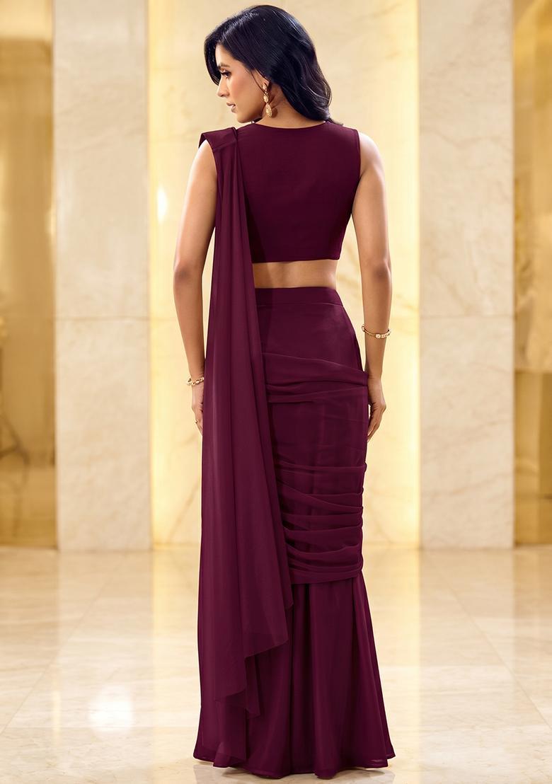 Deep Wine Embroidered Handwork Pre Draped Saree Set - Indya