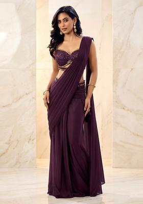 Dark Purple Embroidered Handwork Pre Draped Saree Set