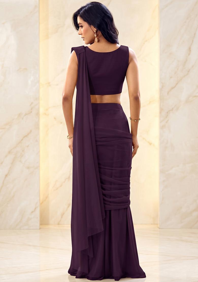 Dark Purple Embroidered Handwork Pre Draped Saree Set - Indya
