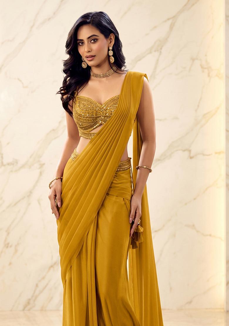 Mustard Yellow Embroidered Handwork Pre Draped Saree Set - Indya