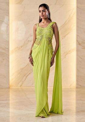 Lime Green Embroidered Handwork Pre Draped Saree Set