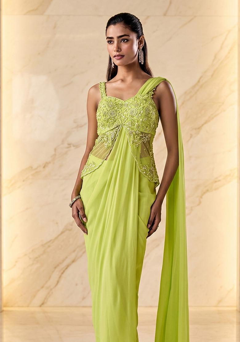 Lime Green Embroidered Handwork Pre Draped Saree Set - Indya