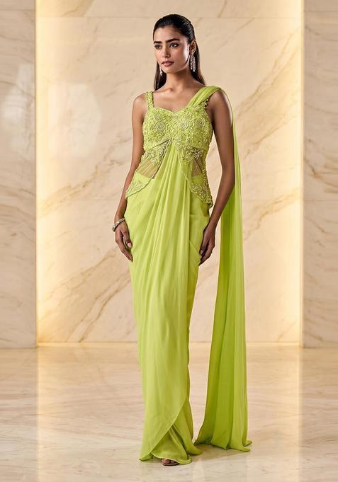 Lime Green Embroidered Handwork Pre Draped Saree Set
