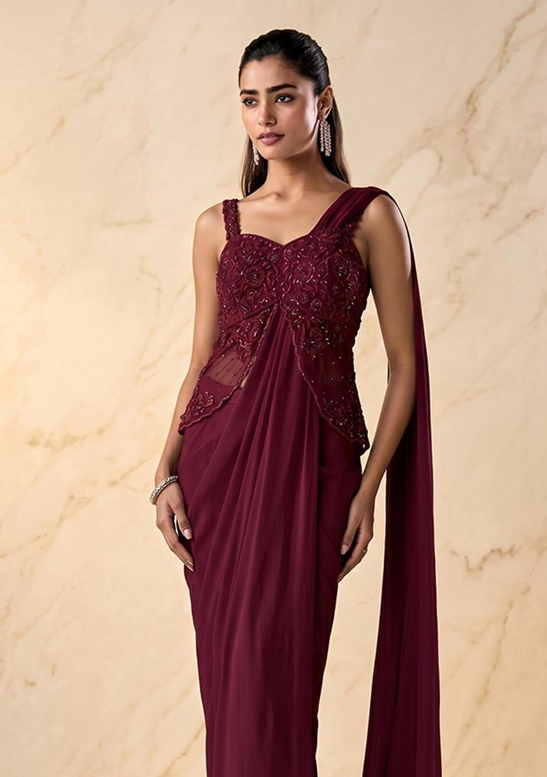 Wine Embroidered Handwork Pre Draped Saree Set - Indya