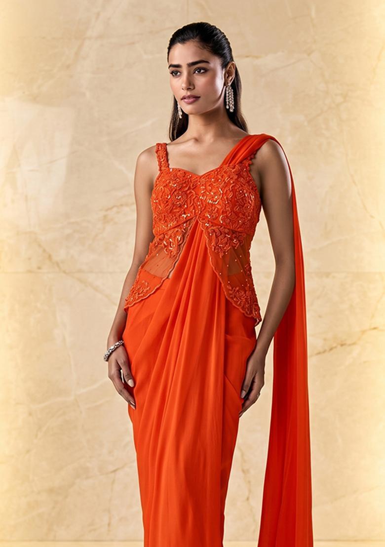 Orange Embroidered Handwork Pre Draped Saree Set - Indya