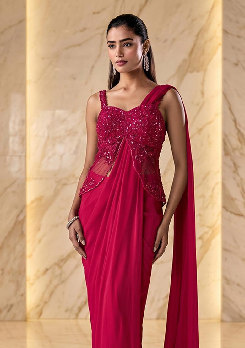 Pink Embroidered Handwork Pre Draped Saree Set - Indya