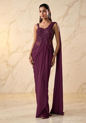 Wine Embroidered Handwork Pre Draped Saree Set