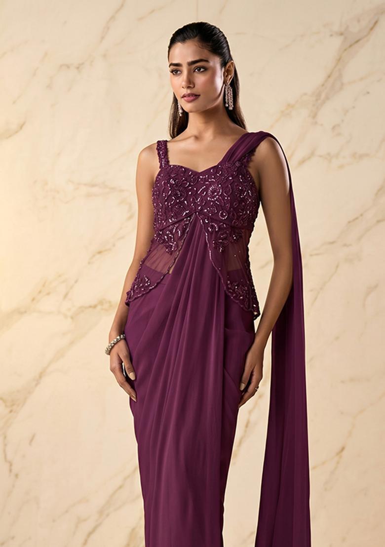 Wine Embroidered Handwork Pre Draped Saree Set - Indya