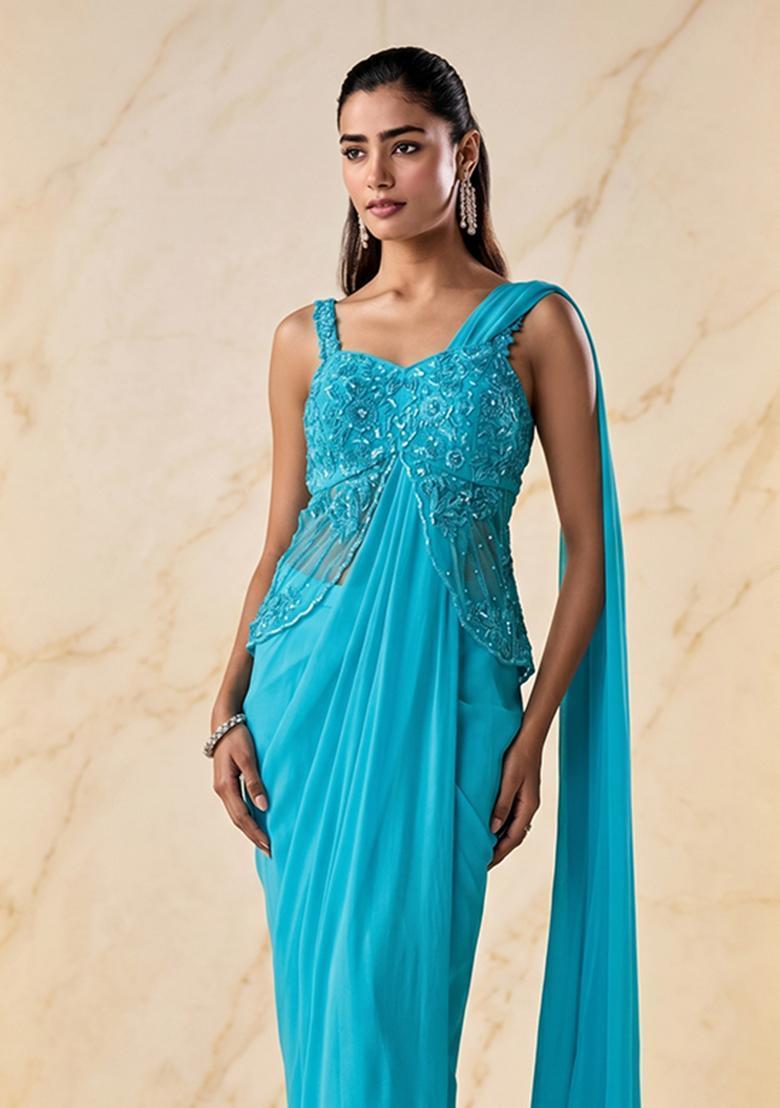 Turquoise Blue Embroidered Handwork Pre Draped Saree Set - Indya