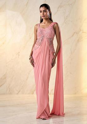 Pastel Pink Embroidered Handwork Pre Draped Saree Set