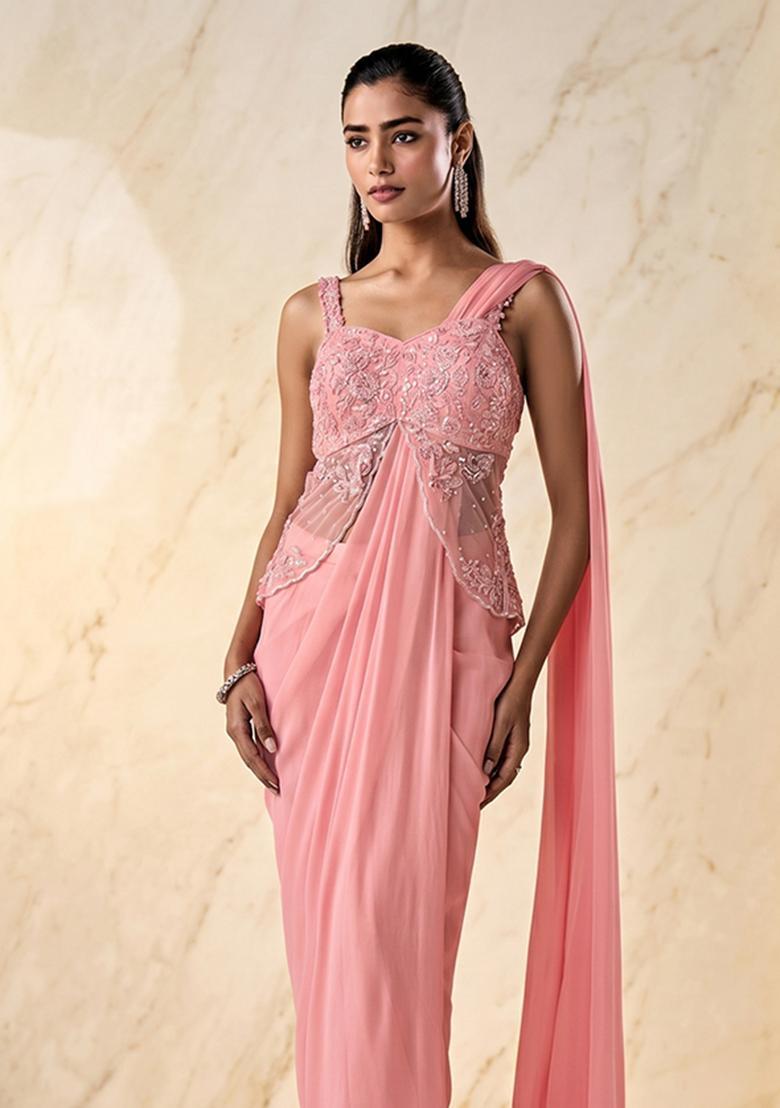 Pastel Pink Embroidered Handwork Pre Draped Saree Set - Indya