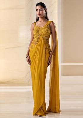 Mustard Yellow Embroidered Handwork Pre Draped Saree Set