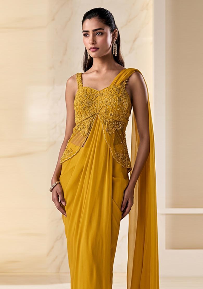 Mustard Yellow Embroidered Handwork Pre Draped Saree Set - Indya