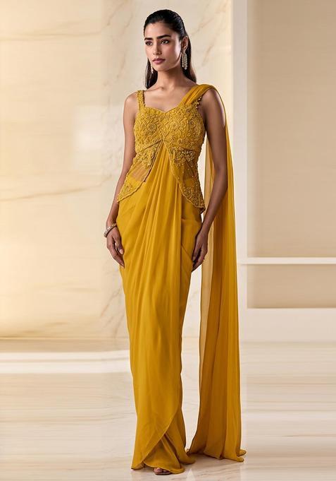 Mustard Yellow Embroidered Handwork Pre Draped Saree Set