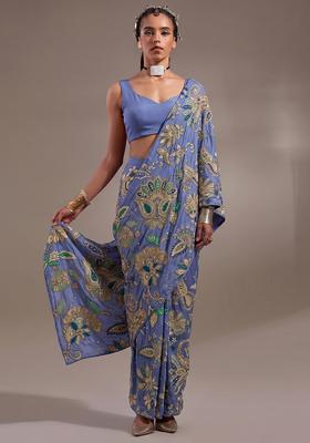 Periwinkle Blue Printed Crepe Pre Draped Saree Set