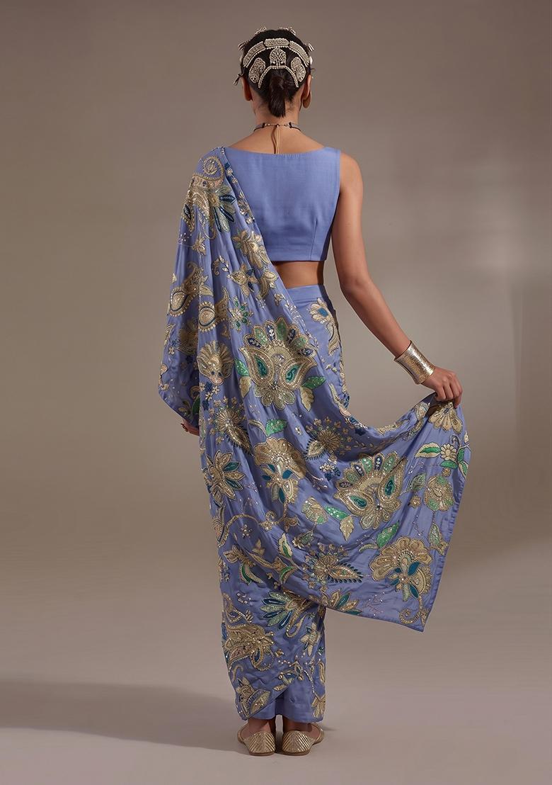 Periwinkle Blue Printed Crepe Pre Draped Saree Set - Indya
