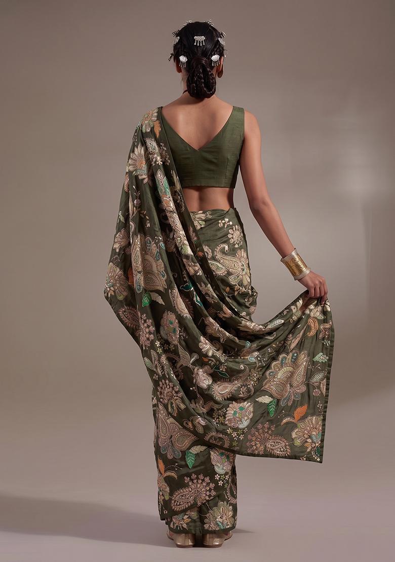 Olive Green Printed Crepe Pre Draped Saree Set - Indya