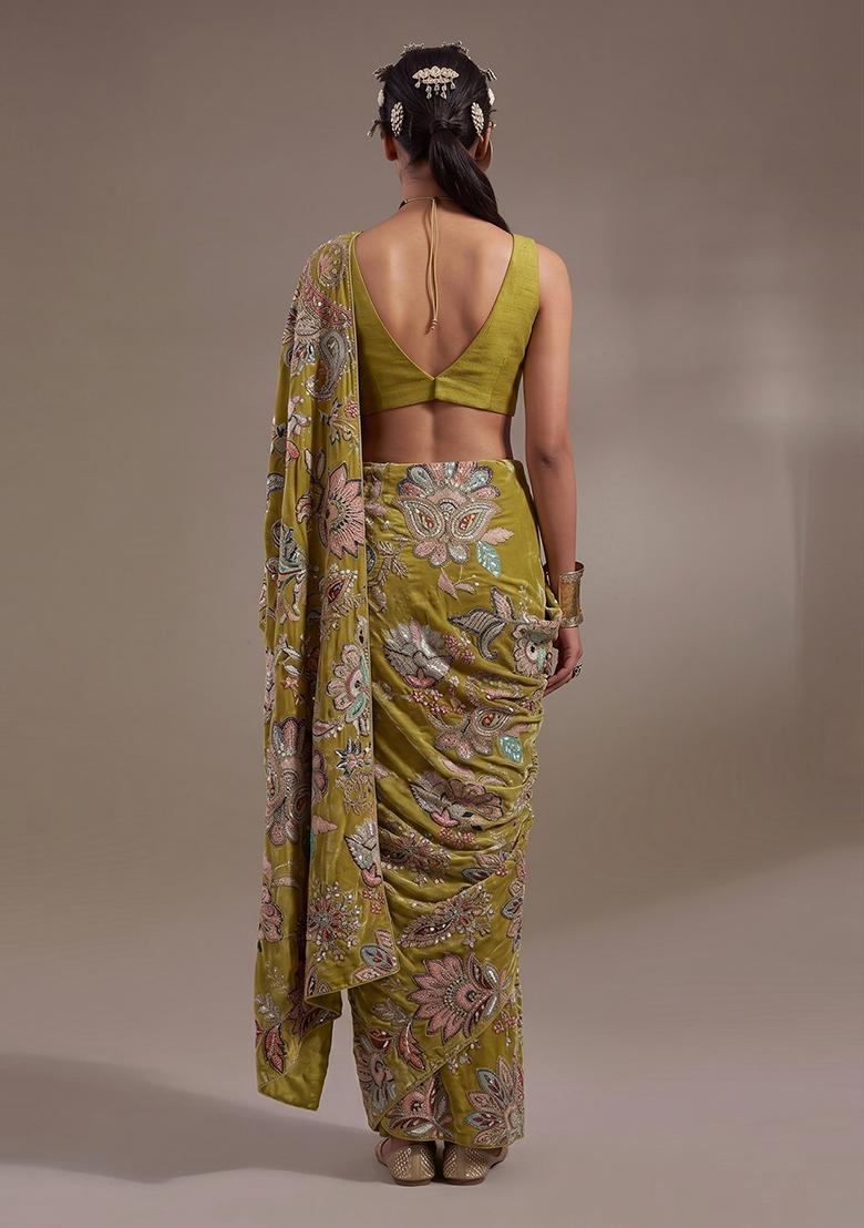Green Printed Crepe Pre Draped Saree Set - Indya