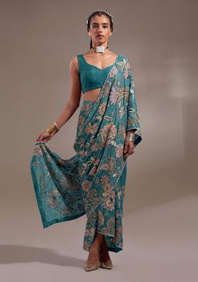 Teal Blue Printed Crepe Pre Draped Saree Set
