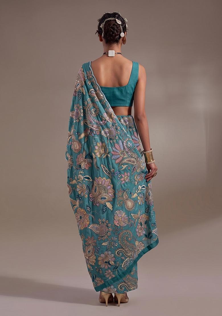 Teal Blue Printed Crepe Pre Draped Saree Set - Indya