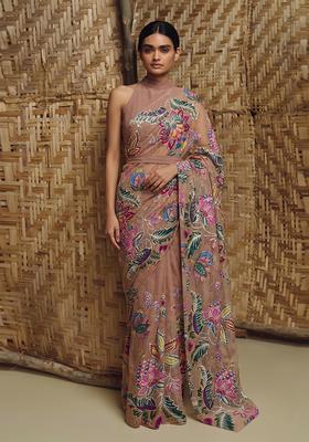 Dusty Pink Printed Organza Pre Draped Saree Set
