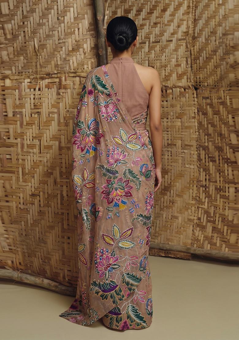 Dusty Pink Printed Organza Pre Draped Saree Set - Indya