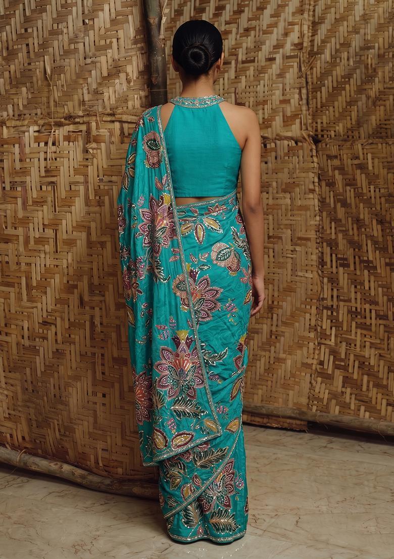 Deep Teal Printed Organza Pre Draped Saree Set - Indya