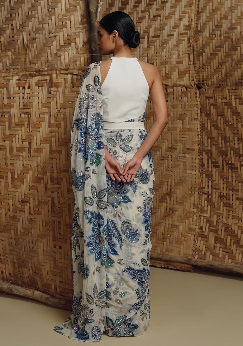 White Printed Organza Pre Draped Saree Set - Indya