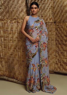 Periwinkle Blue Printed Organza Pre Draped Saree Set