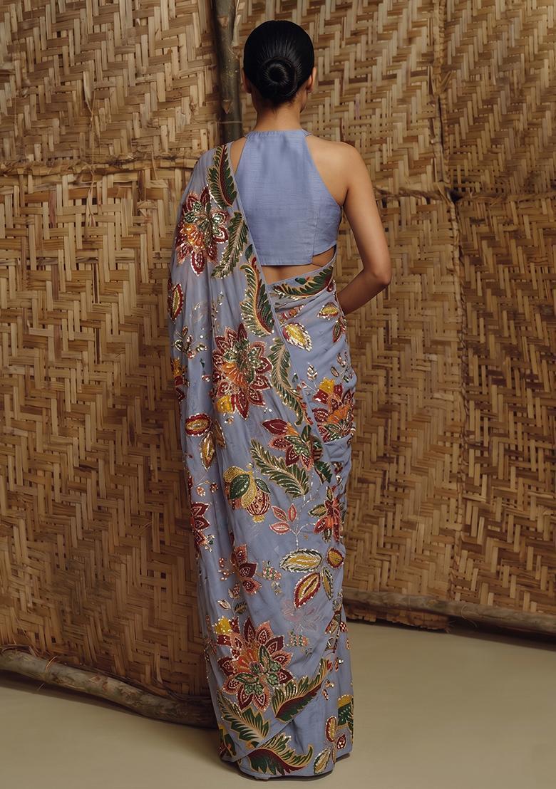 Periwinkle Blue Printed Organza Pre Draped Saree Set - Indya