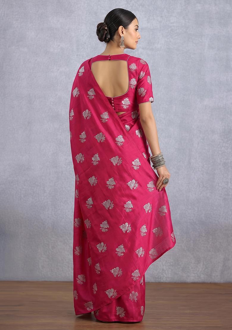 Magenta Pink Brocade Pre Draped Saree Set - Indya