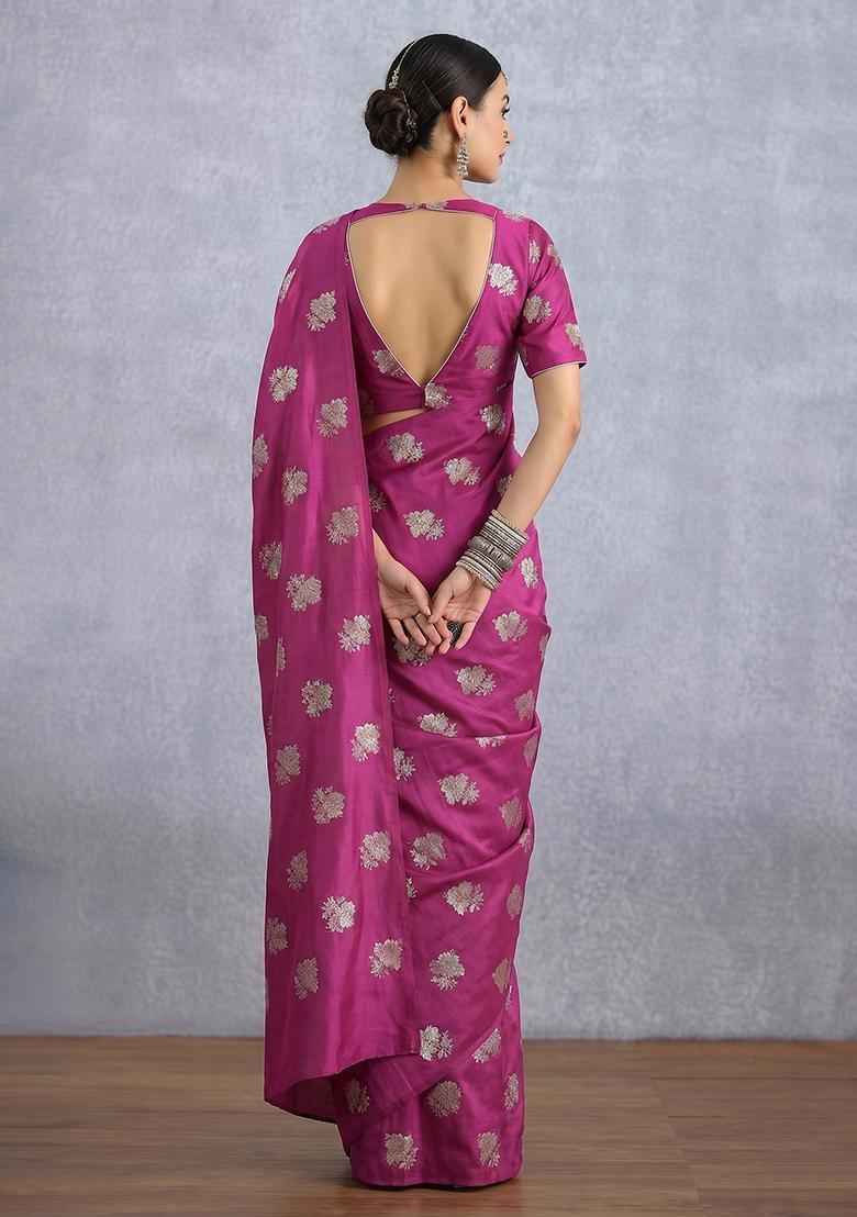 Magenta Pink Brocade Pre Draped Saree Set - Indya
