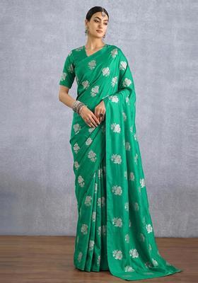 Emerald Green Brocade Pre Draped Saree Set