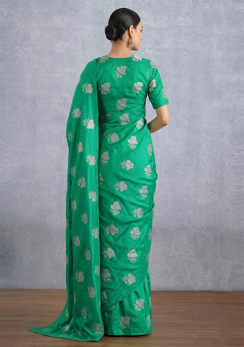Emerald Green Brocade Pre Draped Saree Set - Indya