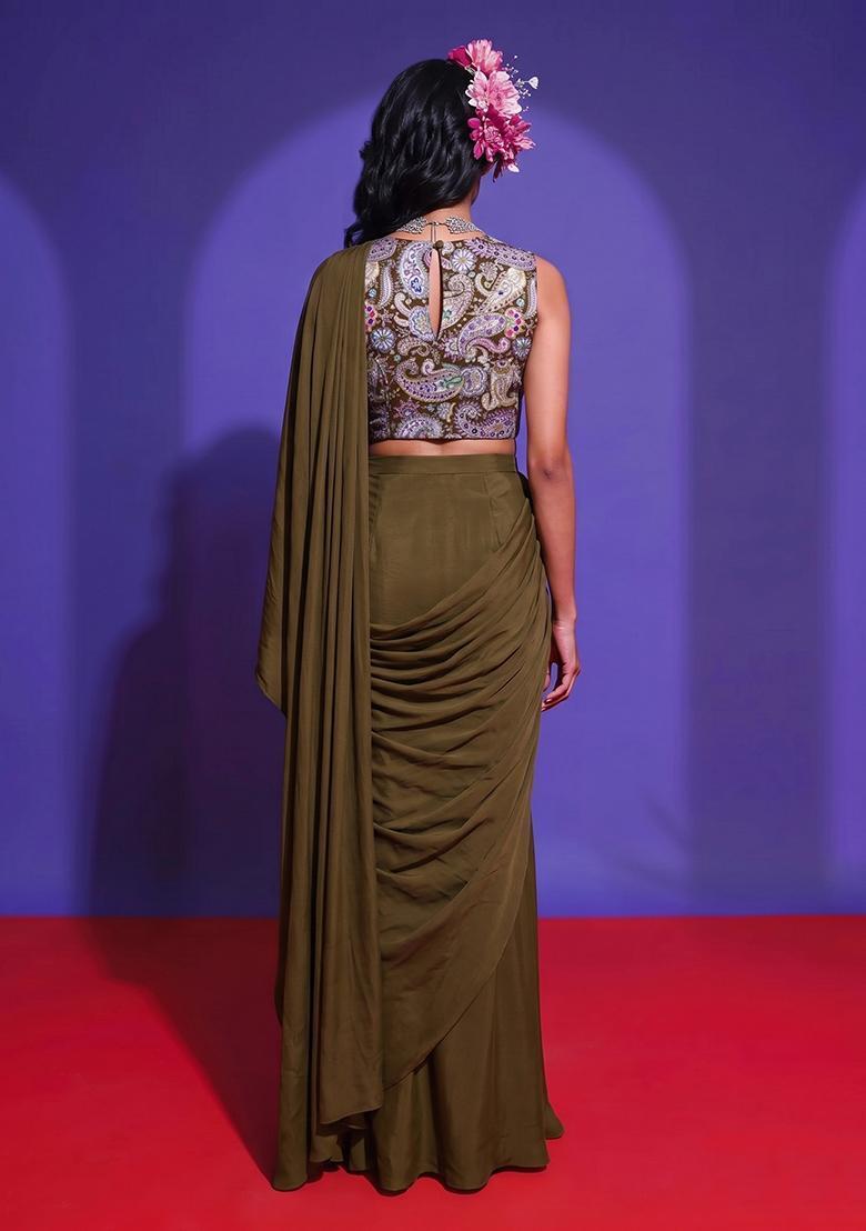 Olive Green Printed Crepe Pre Draped Saree Set - Indya