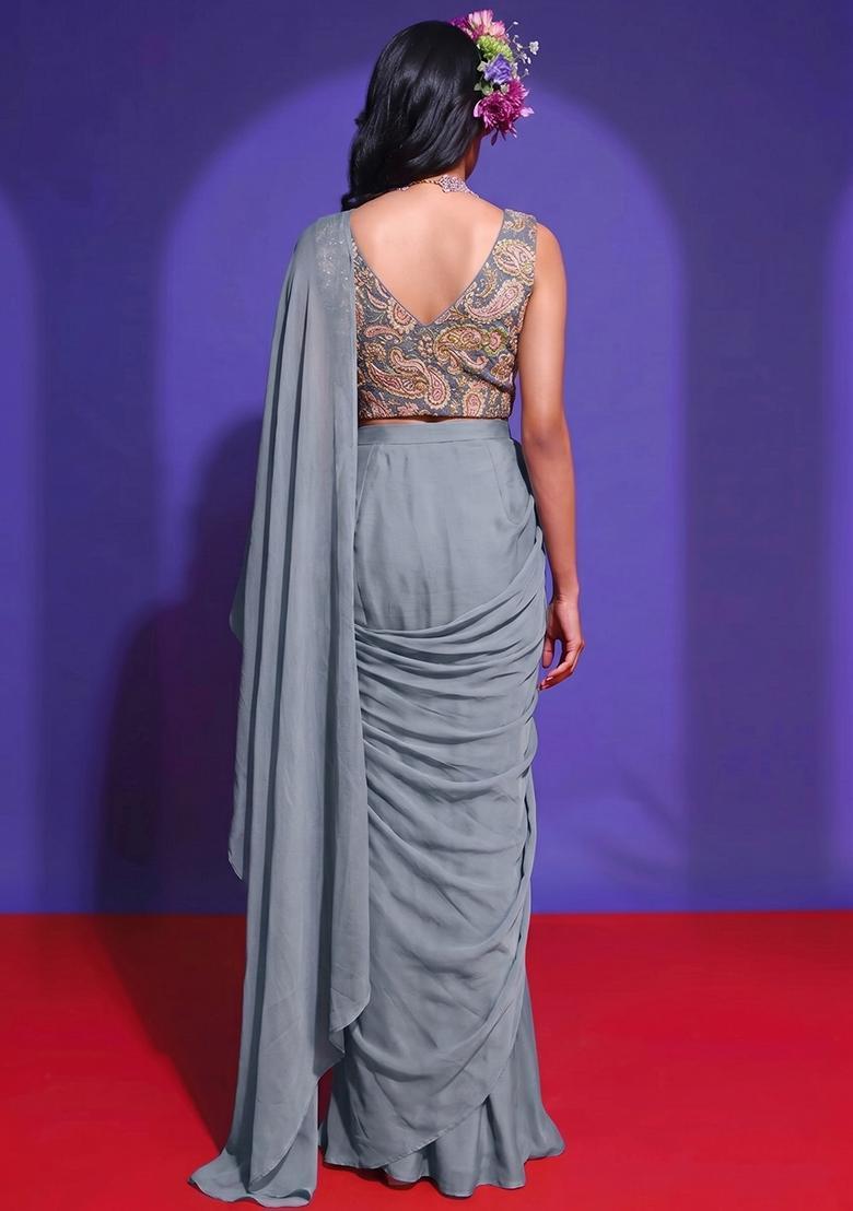 Slate Grey Printed Crepe Pre Draped Saree Set - Indya
