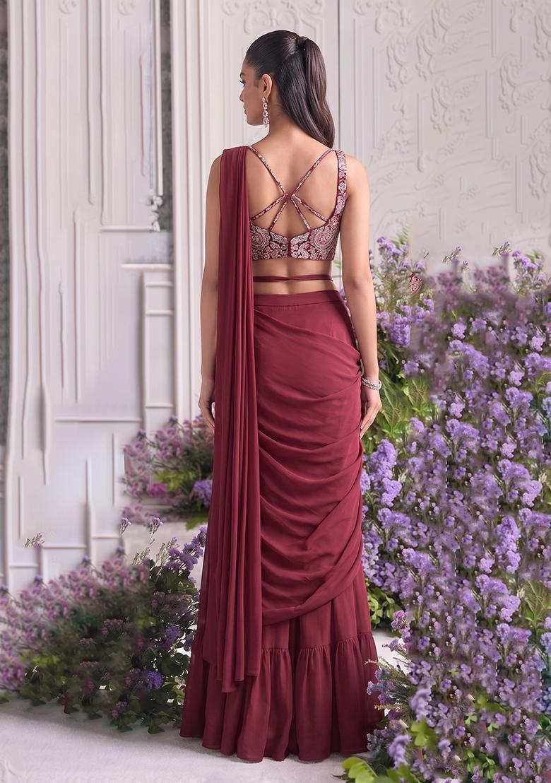 Deep Maroon Printed Crepe Pre Draped Saree Set - Indya
