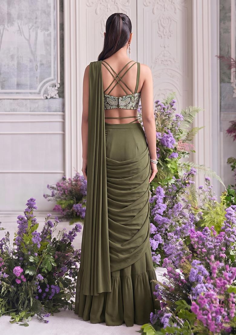 Olive Green Printed Crepe Pre Draped Saree Set - Indya