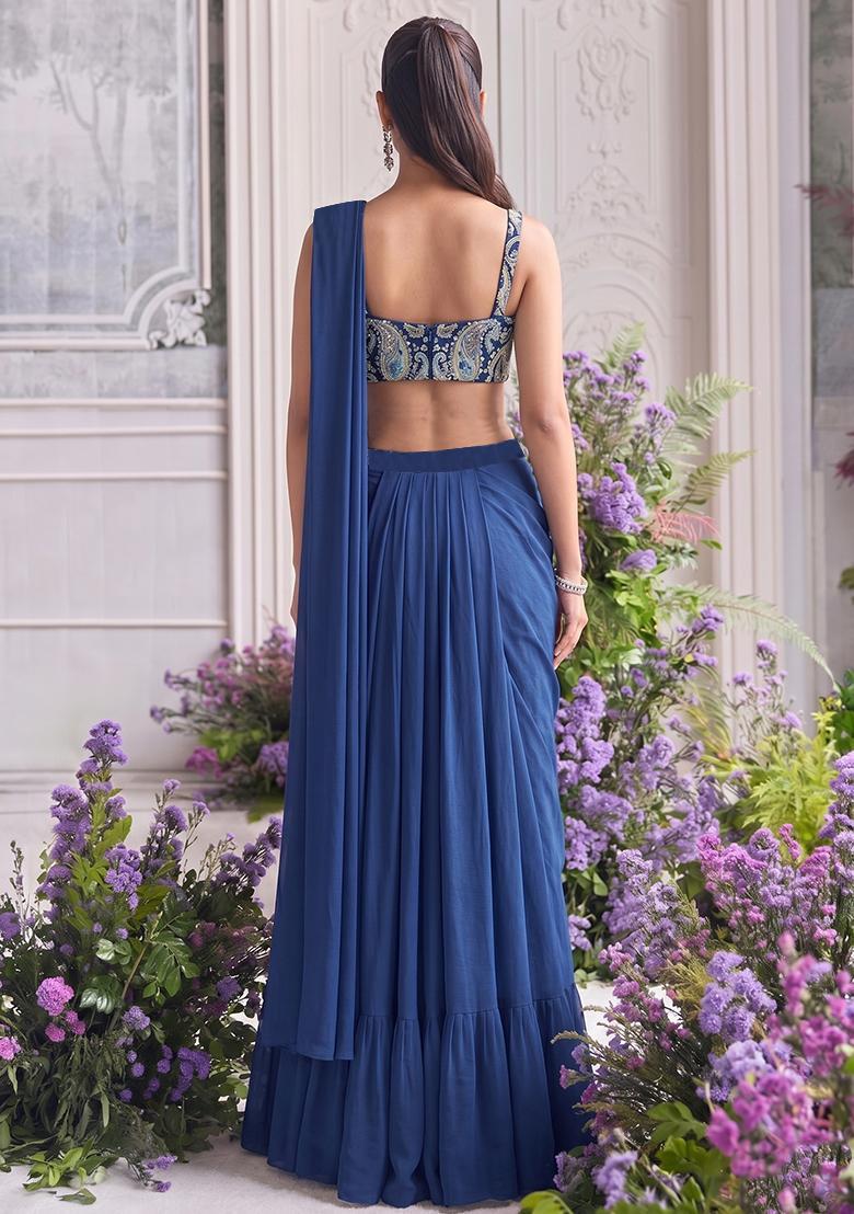 Royal Blue Printed Crepe Pre Draped Saree Set - Indya