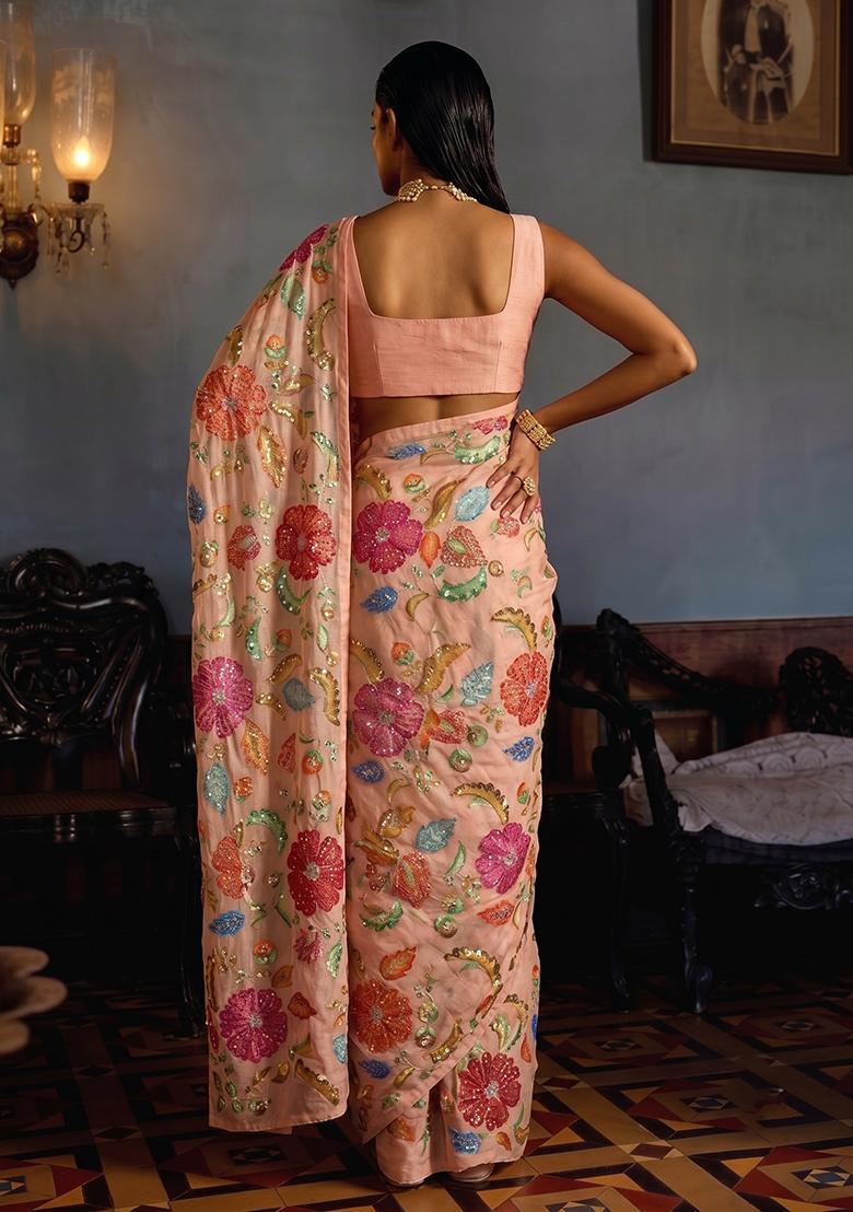 Peach Printed Pre Draped Saree Set - Indya