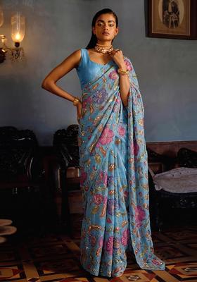 Sky Blue Printed Pre Draped Saree Set