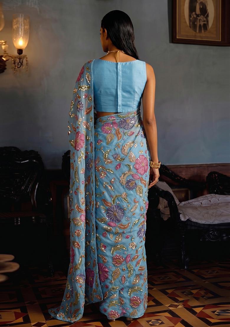 Sky Blue Printed Pre Draped Saree Set - Indya