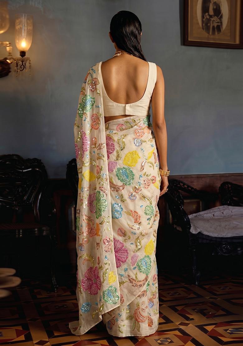 Beige Printed Pre Draped Saree Set - Indya