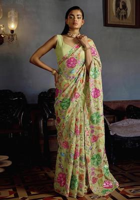 Lime Green Printed Pre Draped Saree Set