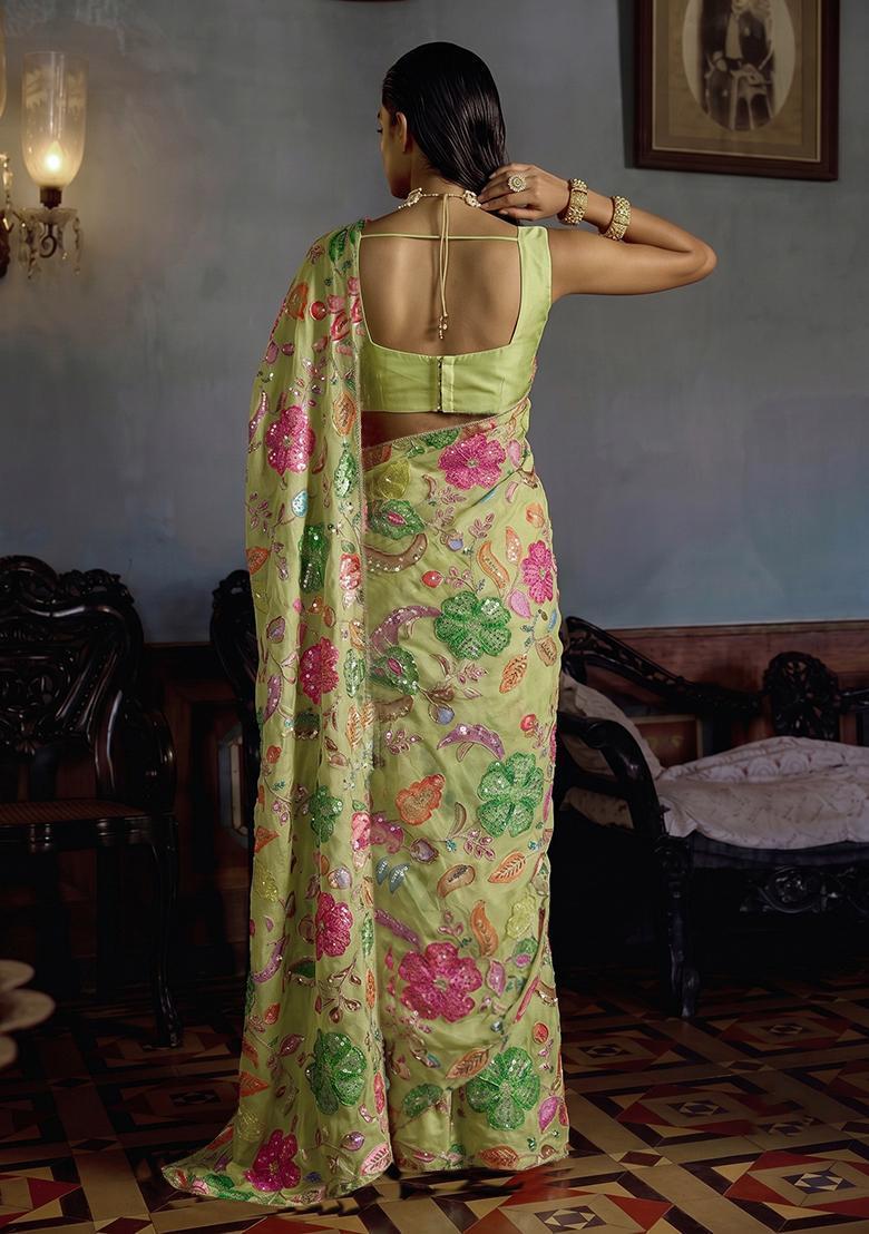 Lime Green Printed Pre Draped Saree Set - Indya