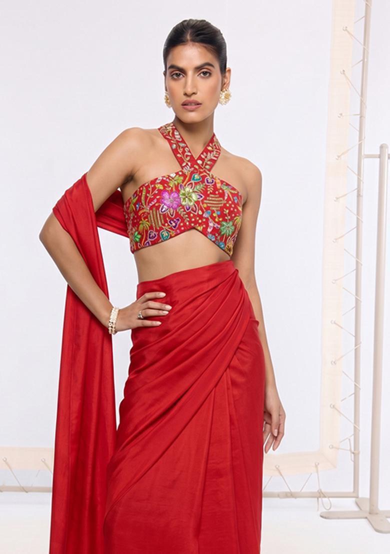 Scarlet Red Printed Crepe Pre Draped Saree Set - Indya