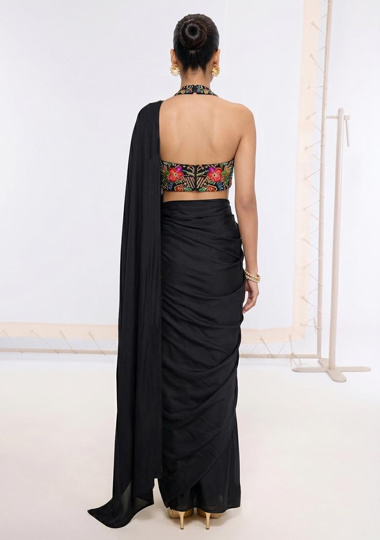 Jet Black Printed Crepe Pre Draped Saree Set - Indya