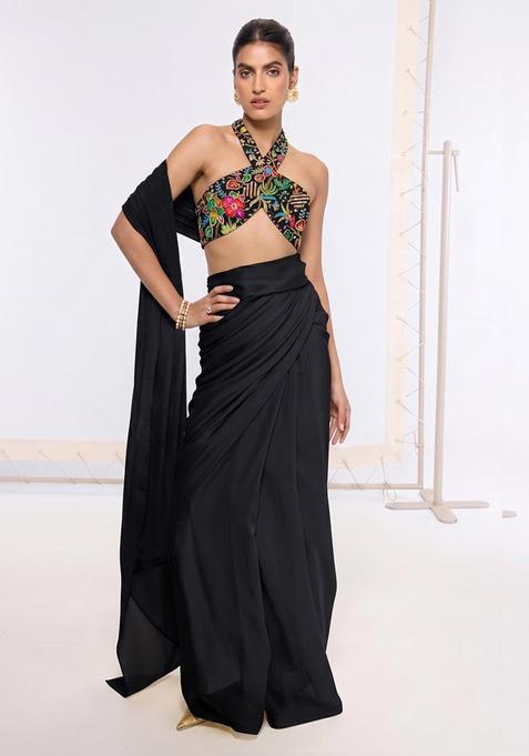 Jet Black Printed Crepe Pre Draped Saree Set