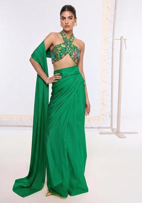 Emerald Green Printed Crepe Pre Draped Saree Set